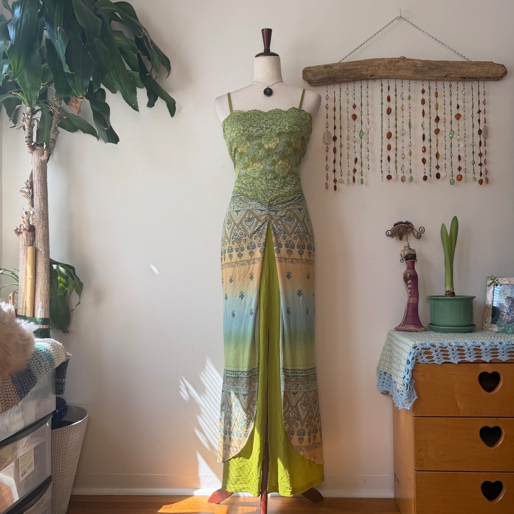 Casadei Y2K Chartreuse Teal Boho Lace Maxi Dress Drop Waist Mermaid Fairycore